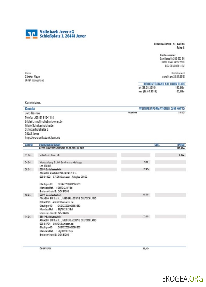 Modèle de relevé bancaire Allemagne Sparkasse Miltenberg Obernburg, format Word et PDF